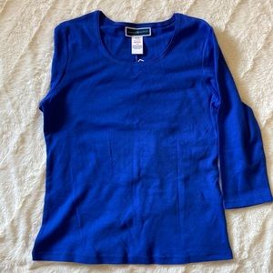 Karen Scott, 3/4 sleeve blue casual top, women’s size petite medium (PM).